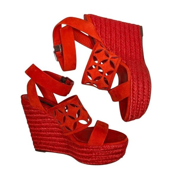 Louis Vuitton Ankle Wrap Espadrille Lasercut Logo Wedge Suede Sandals EU 37 US 7 - Picture 5 of 8